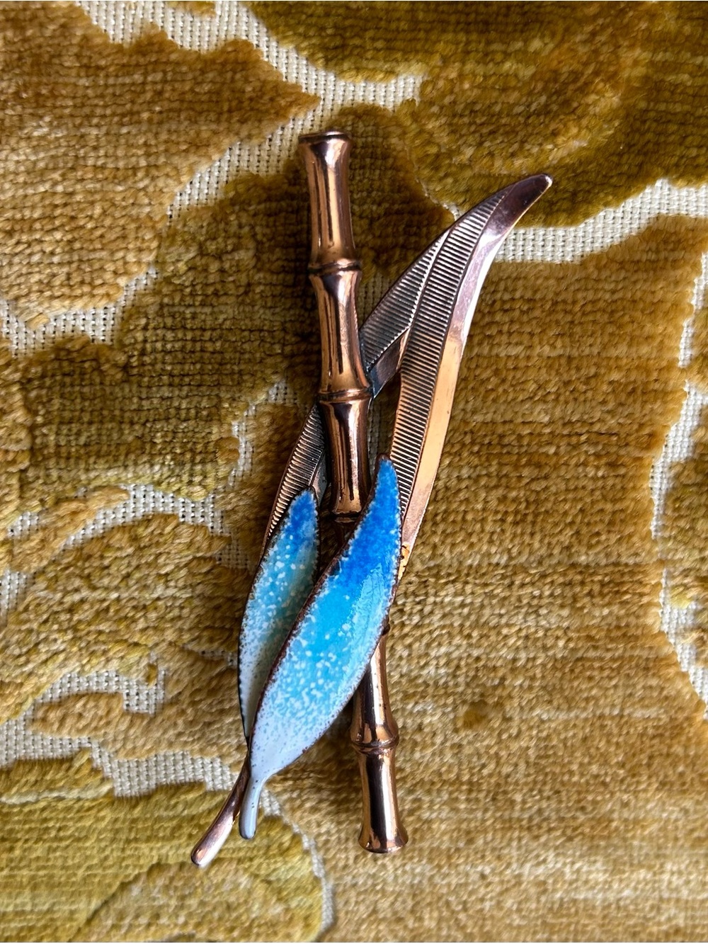 Vintage Matisse Bamboo Leaf Brooch in Blue and Copper